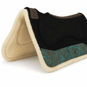 Contoured Wool Felt Saddle Pad with Turquoise Tooled Leather Wear Panels for Western Horse Riding