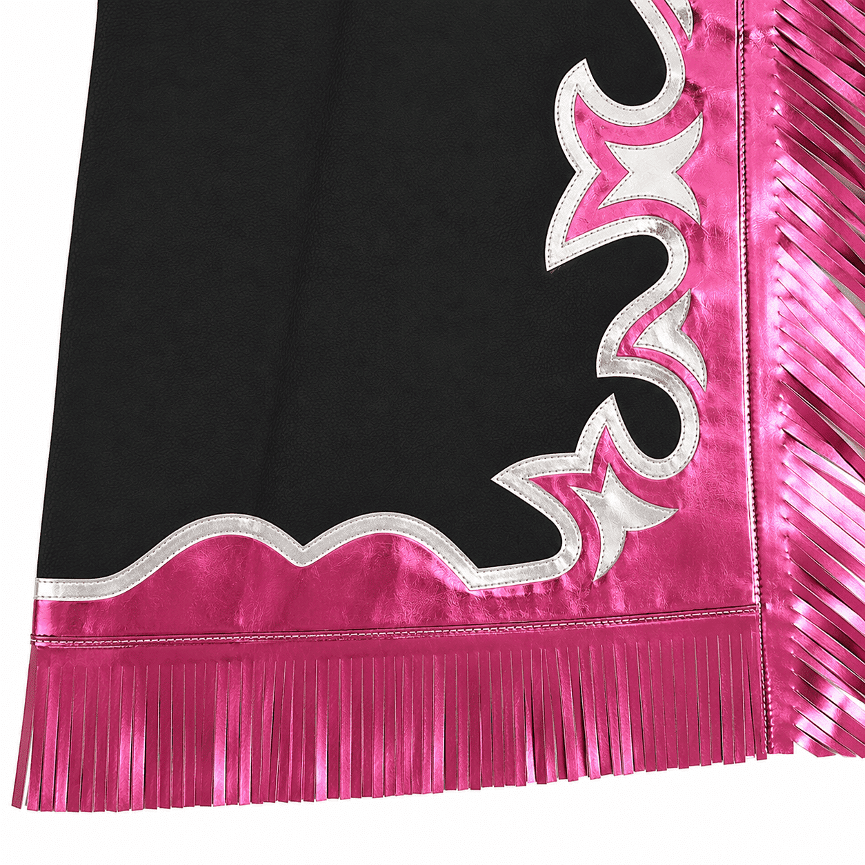 Horse Riding Chaps Black and Pink with Fringe Metallic Pink Fringe, Tooled Leather Belt - Image 4