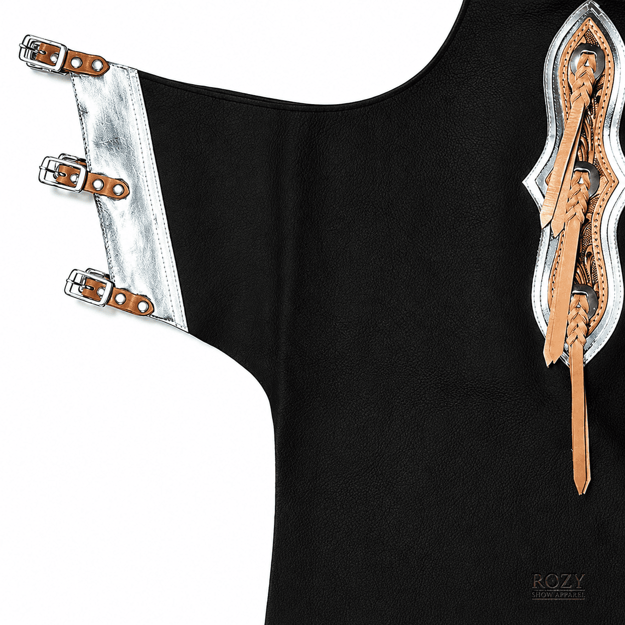 Western Leather Horse Riding Chaps Black Silver Fringed Design, Tooled Leather - Image 4