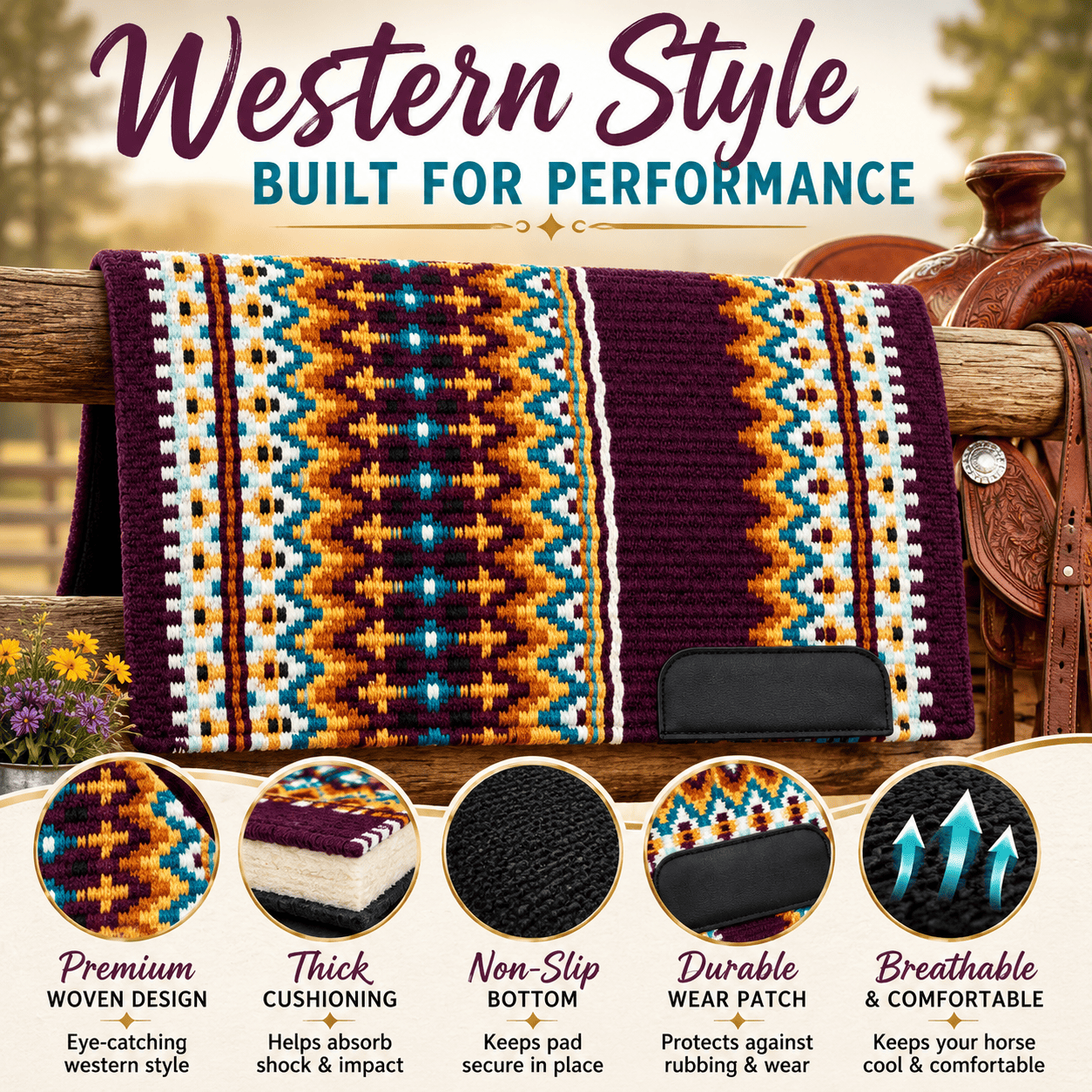 Western Saddle Pad Purple Tribal Geometric Horse Saddle Blanket for Ranch Trail & Arena Riding - Image 5