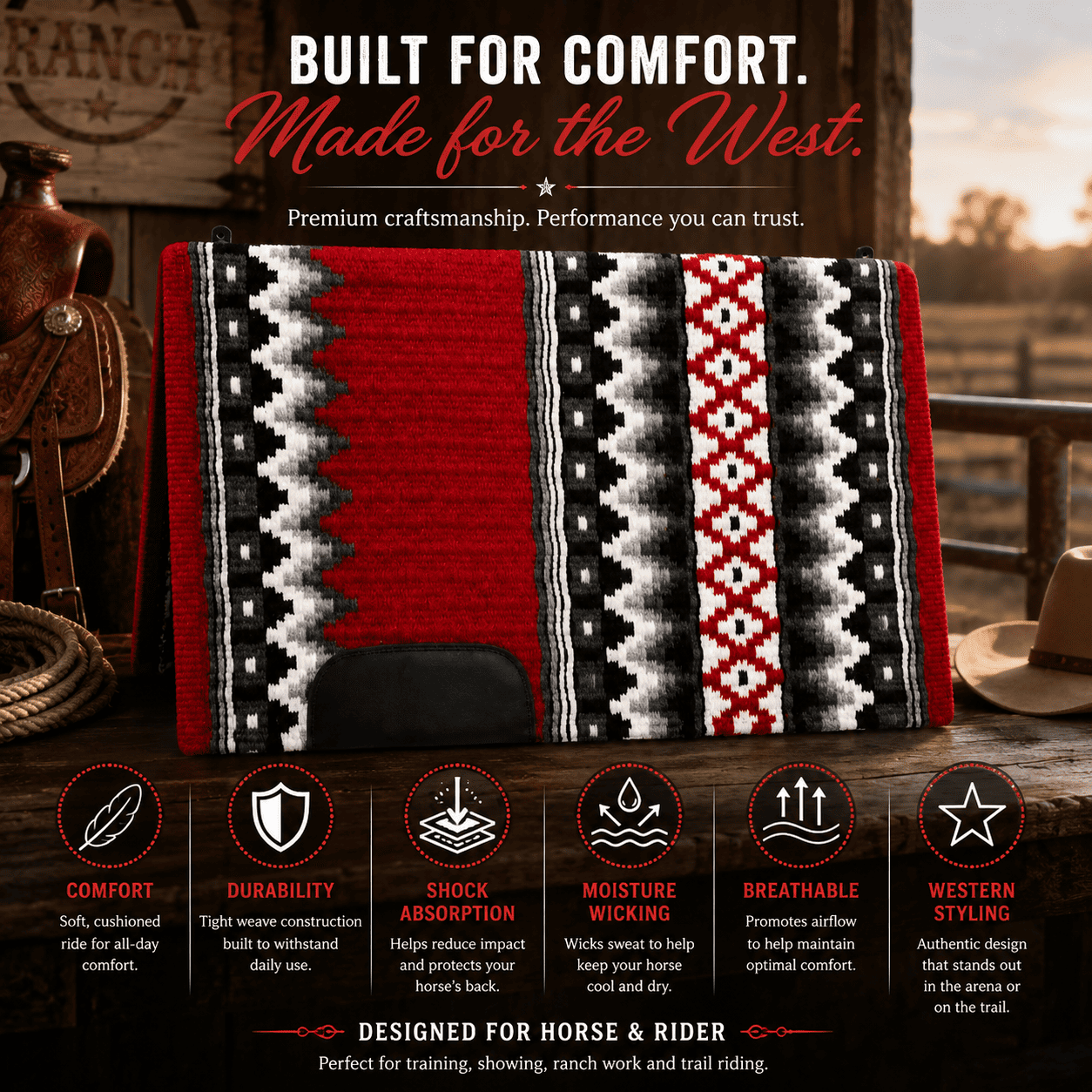 Western Saddle Pad Red Black White Tribal Horse Saddle Blanket for Ranch Trail Arena Riding - Image 5