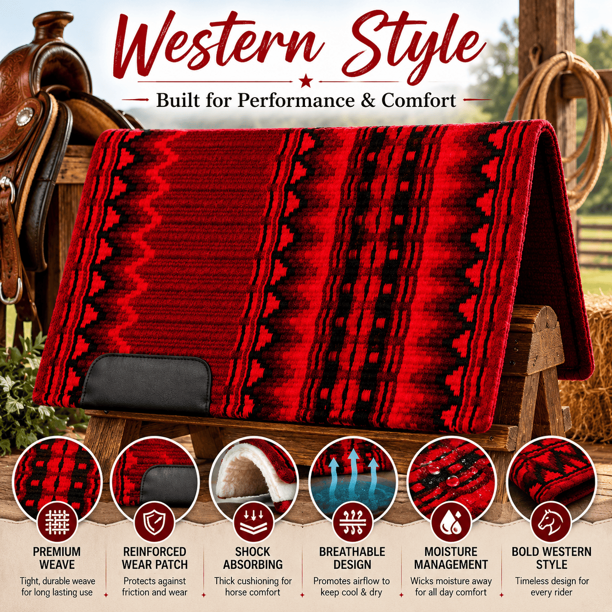 Western Saddle Pad Red Black Geometric Horse Saddle Blanket for Ranch Trail Arena Riding - Image 5