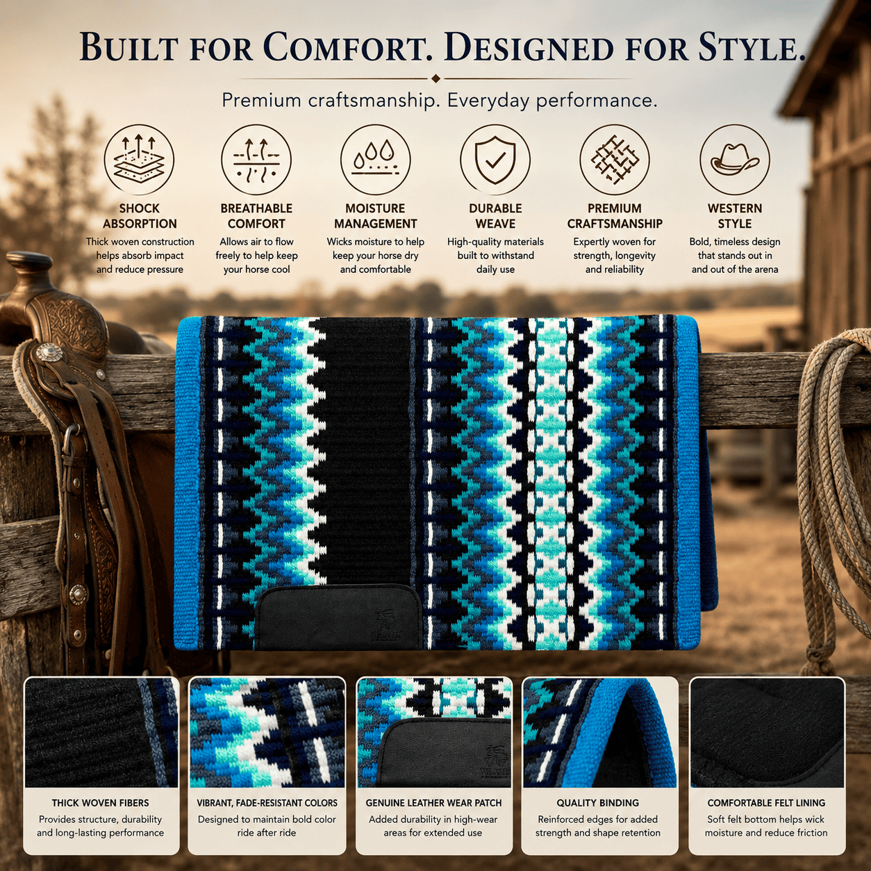 Western Saddle Pad Turquoise Black Tribal Horse Saddle Blanket for Ranch Trail Arena Riding - Image 5