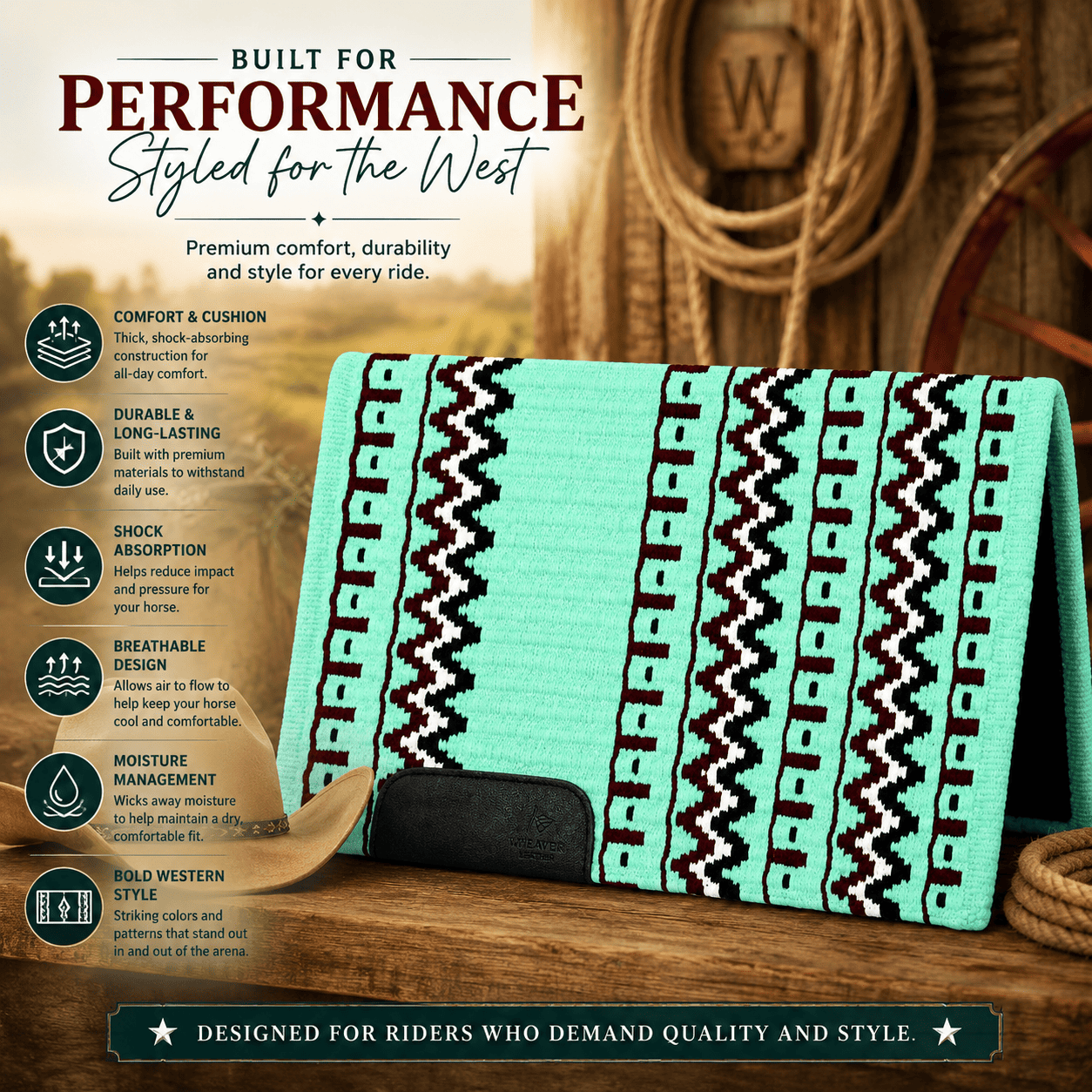 Western Saddle Pad Mint Green Burgundy Tribal Horse Saddle Blanket for Ranch Trail Arena Riding - Image 5
