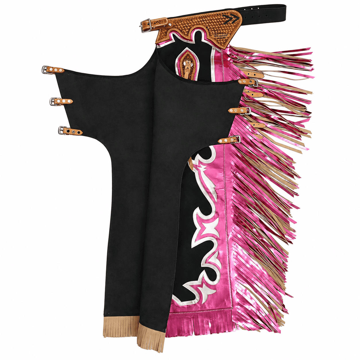 Horse Riding Chaps Black and Pink with Fringe Metallic Pink Fringe, Tooled Leather Belt - Image 5