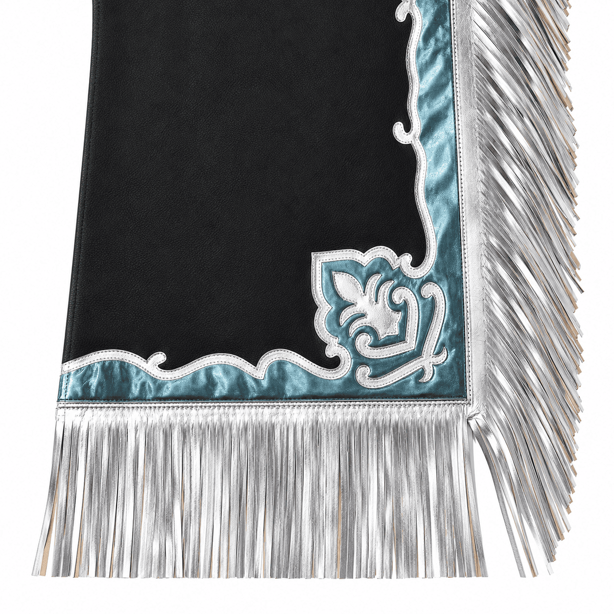Western Leather Horse Riding Chaps Black Silver Fringed Design, Tooled Leather - Image 5