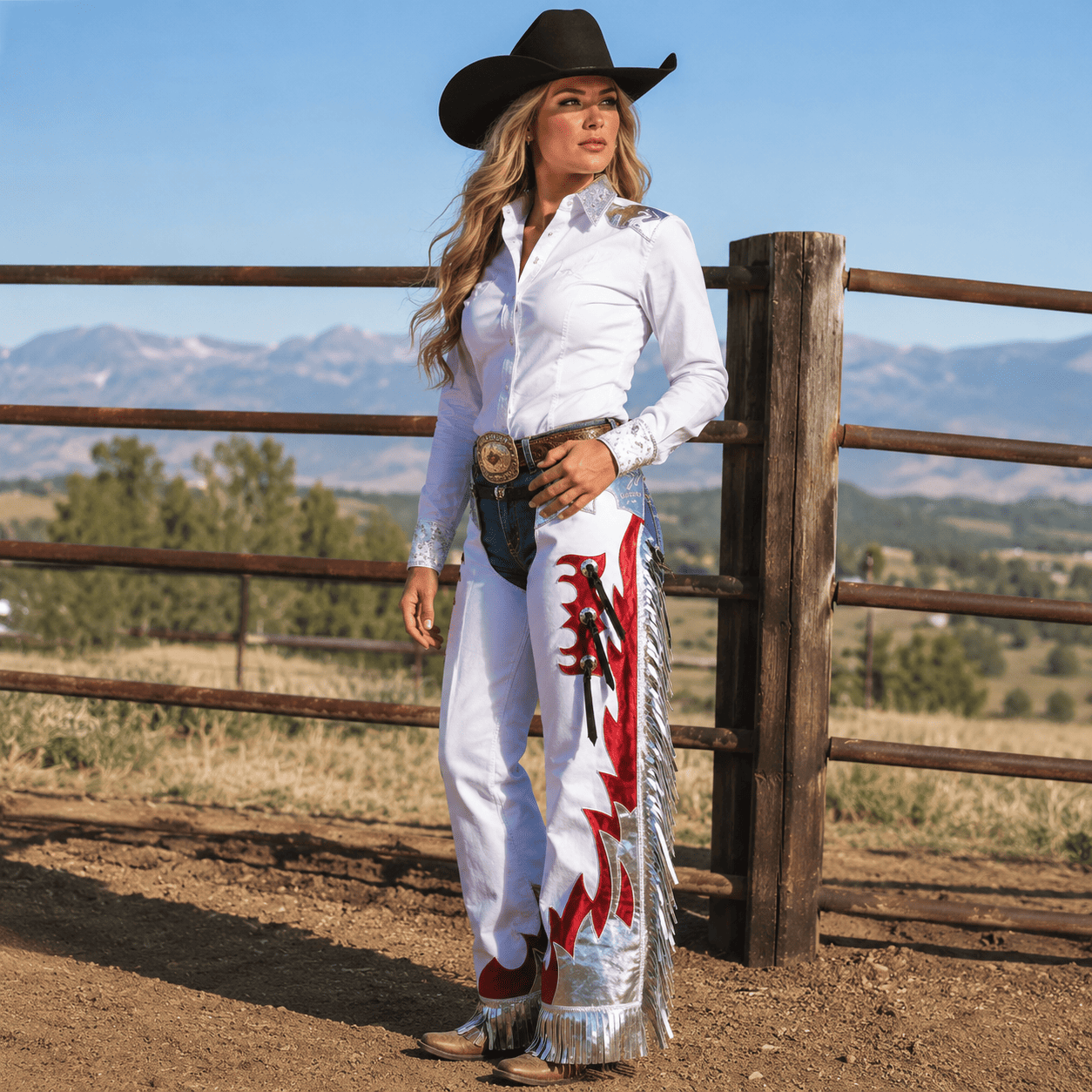Western Leather Horse Riding Chaps White Silver Fringed Design, Tooled Leather - Image 4