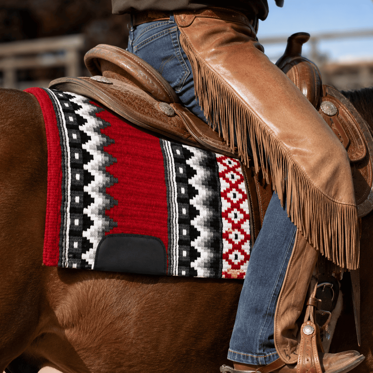 Western Saddle Pad Red Black White Tribal Horse Saddle Blanket for Ranch Trail Arena Riding - Image 6