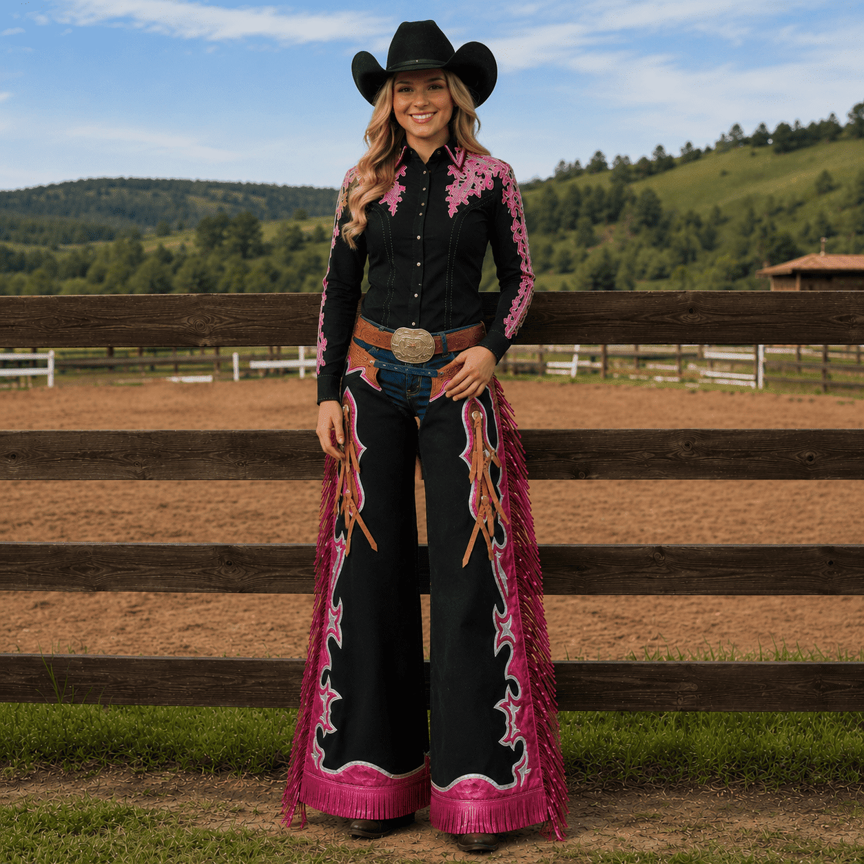 Horse Riding Chaps Black and Pink with Fringe Metallic Pink Fringe, Tooled Leather Belt - Image 6