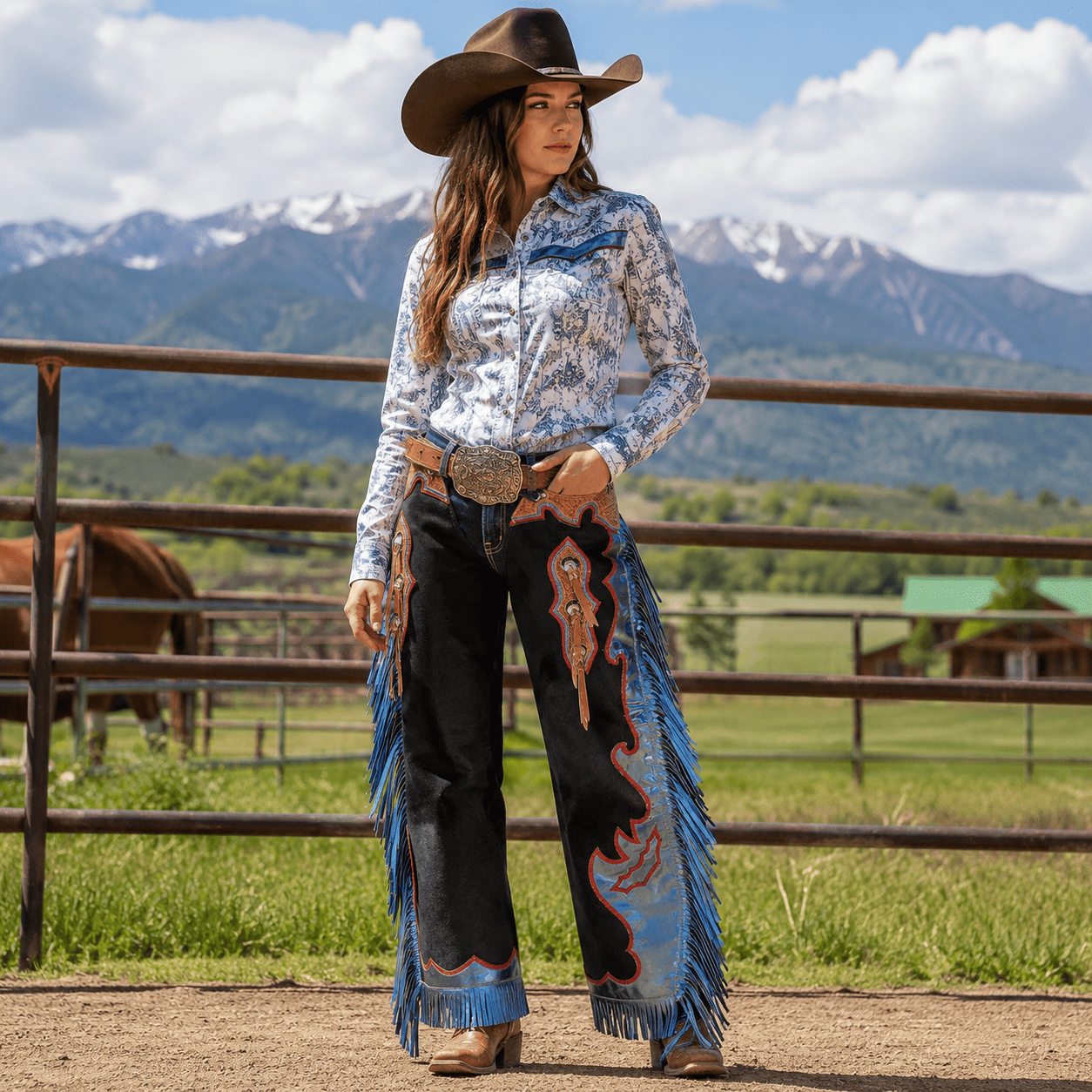 Horse Riding Chaps with Fringe and Tooled Leather Detail Fringed Design, Tooled Leather - Image 6