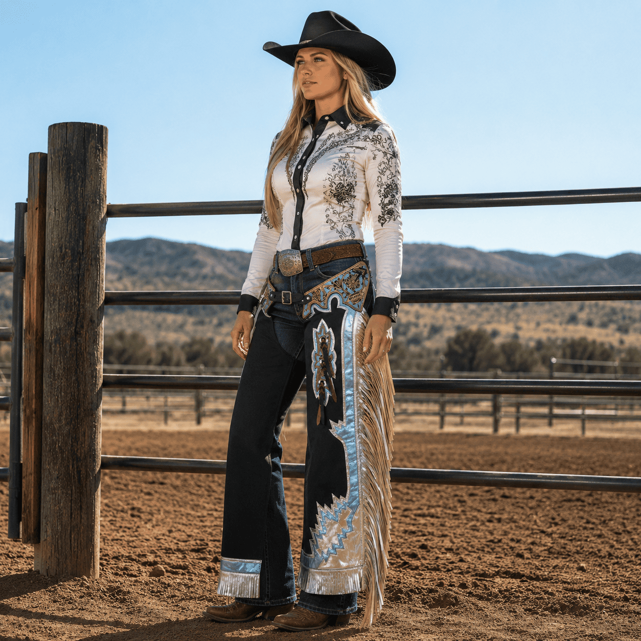 Horse Riding Chaps with Fringe and Tooled Leather Detail Fringed Design, Tooled Leather - Image 6