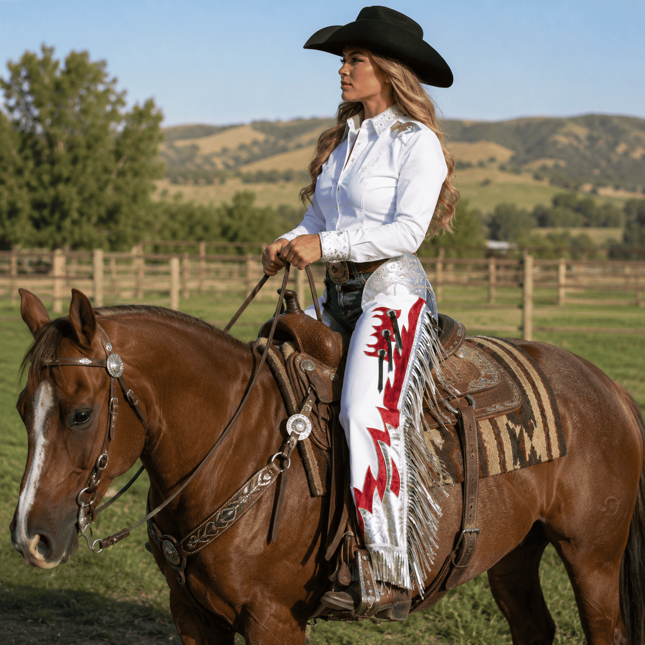 Western Leather Horse Riding Chaps White Silver Fringed Design, Tooled Leather - Image 5
