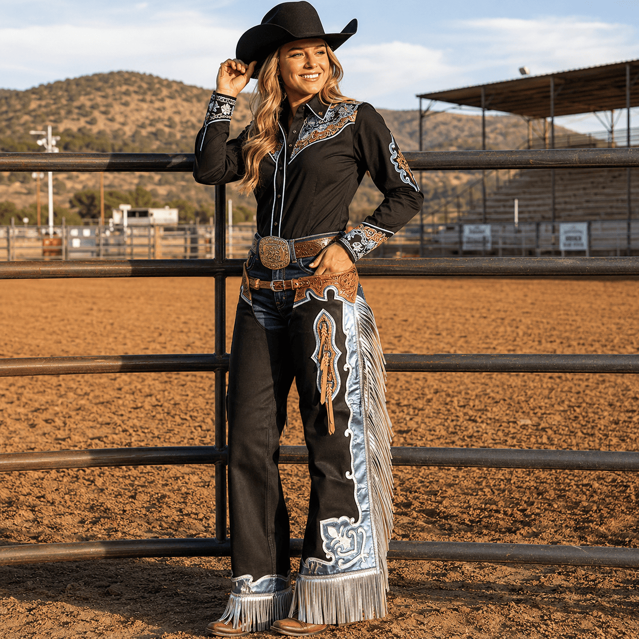 Western Leather Horse Riding Chaps Black Silver Fringed Design, Tooled Leather - Image 6