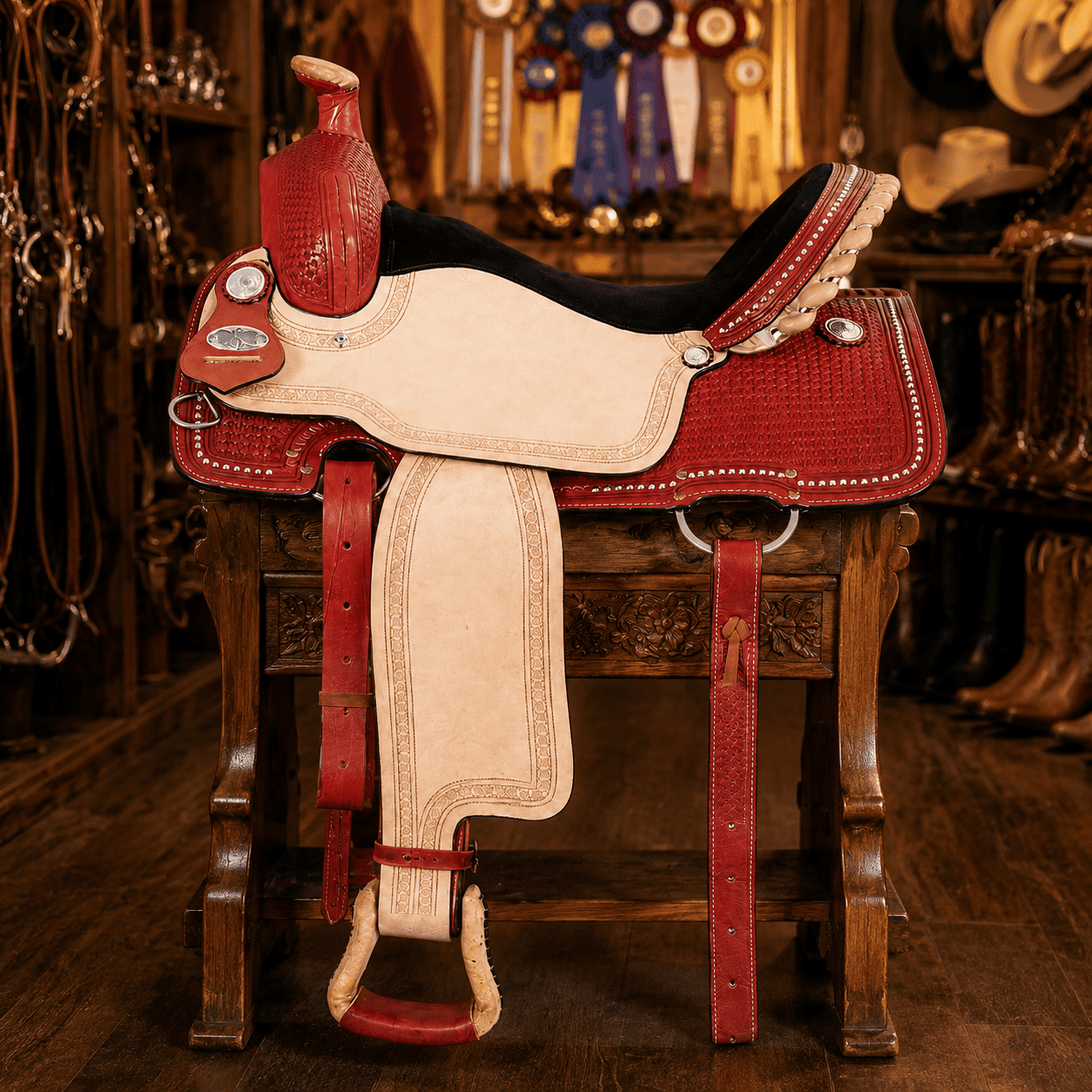 Red Roughout Barrel Saddle Black Suede Seat Crystal Accent Western Horse Saddle Premium Riding Tack - Image 2