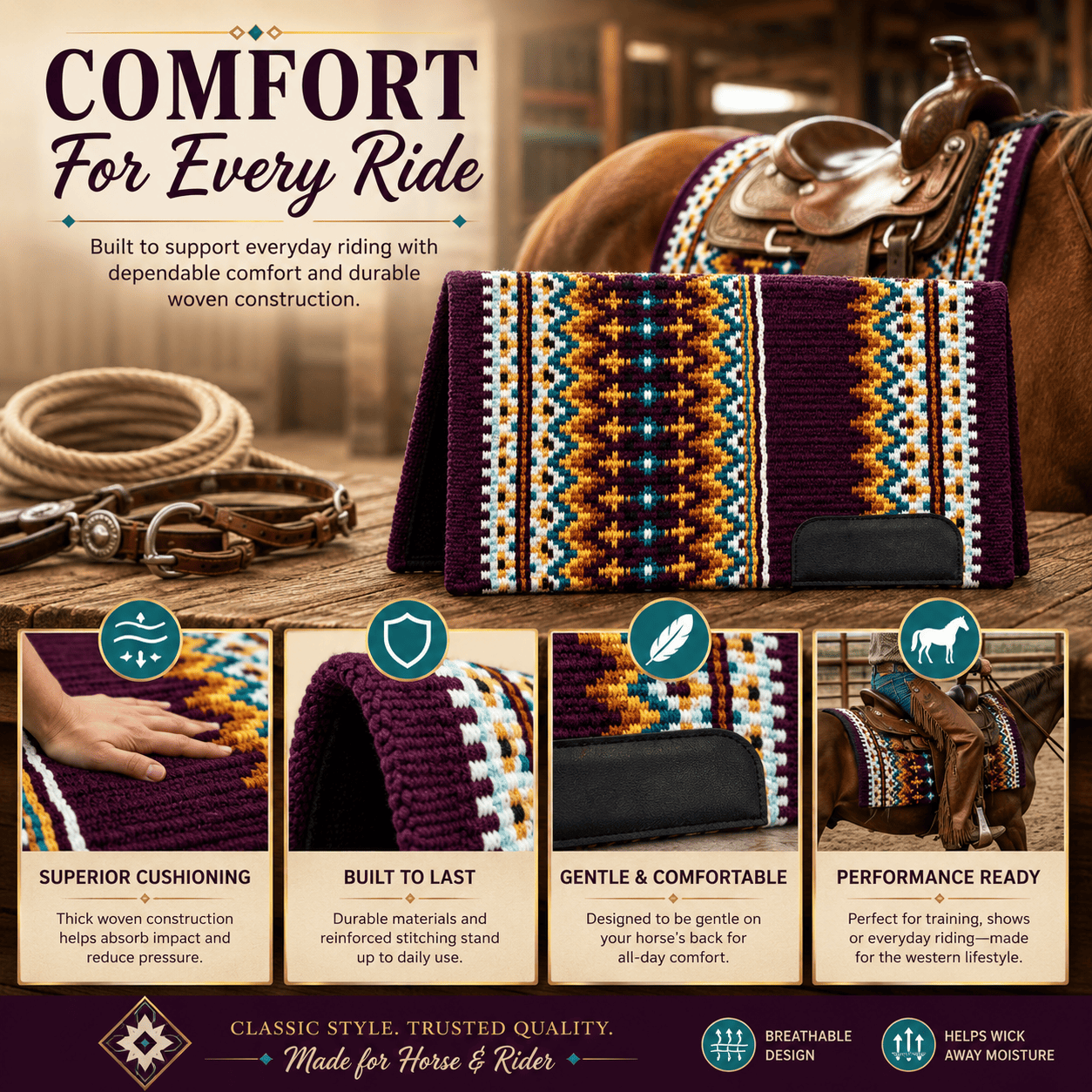 Western Saddle Pad Purple Tribal Geometric Horse Saddle Blanket for Ranch Trail & Arena Riding - Image 8
