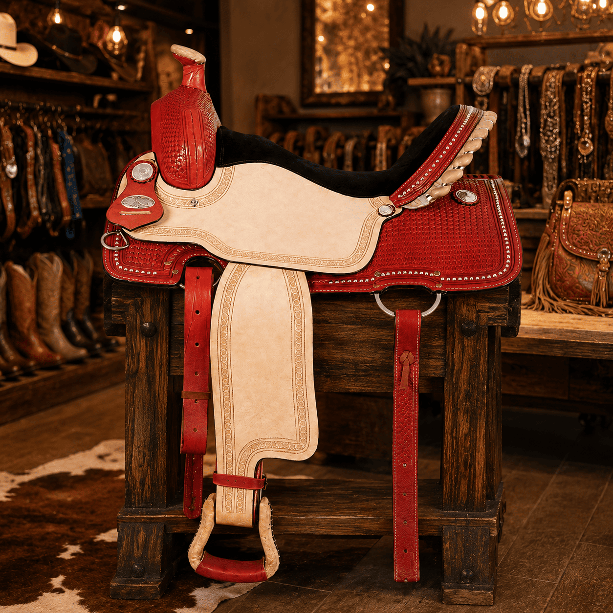 Red Roughout Barrel Saddle Black Suede Seat Crystal Accent Western Horse Saddle Premium Riding Tack - Image 3