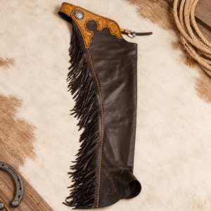 Western Leather Horse Riding Chaps with Fringe, Floral Tooled Rodeo & Barrel Racing Chaps
