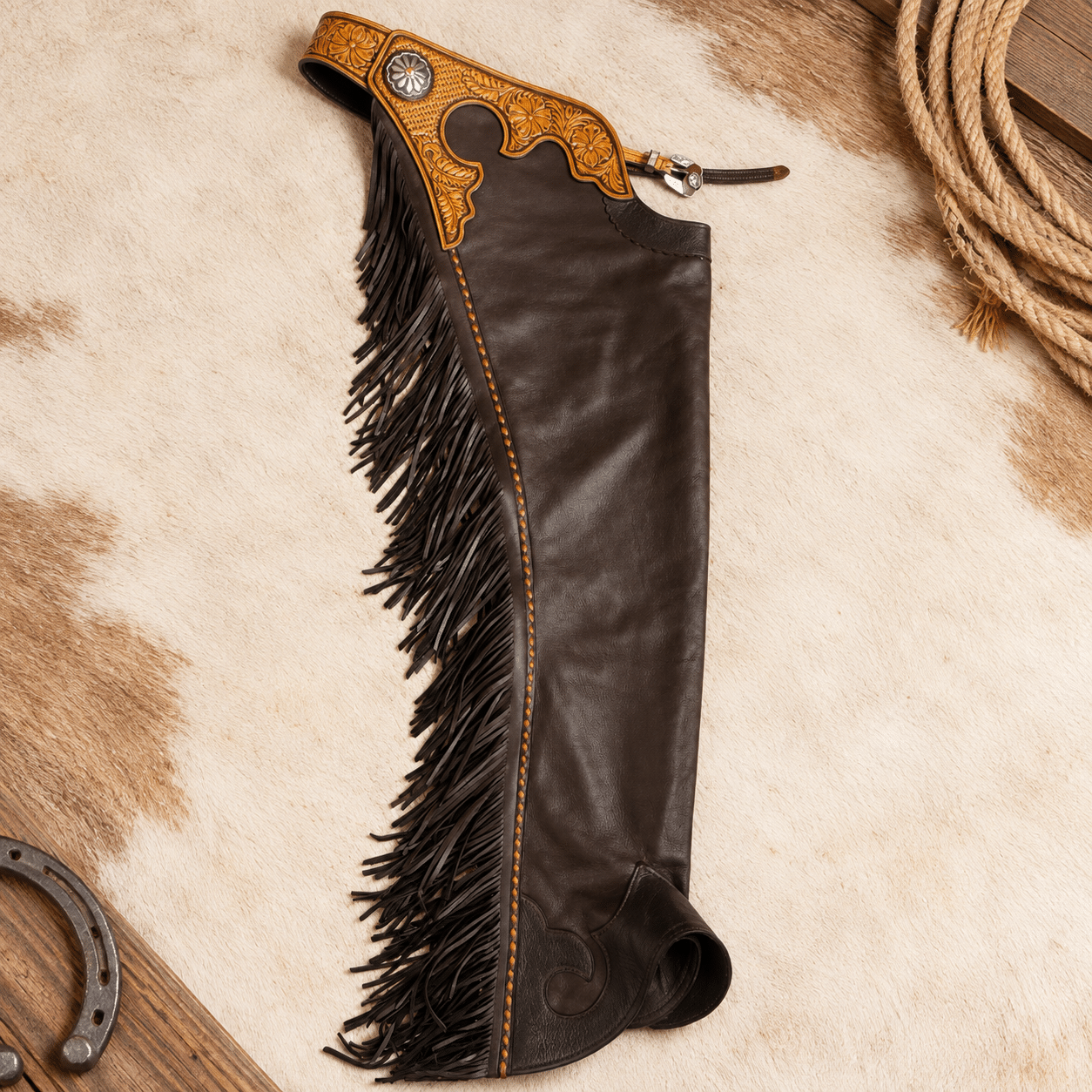 Western Leather Horse Riding Chaps with Fringe, Floral Tooled Rodeo & Barrel Racing Chaps - Image 2