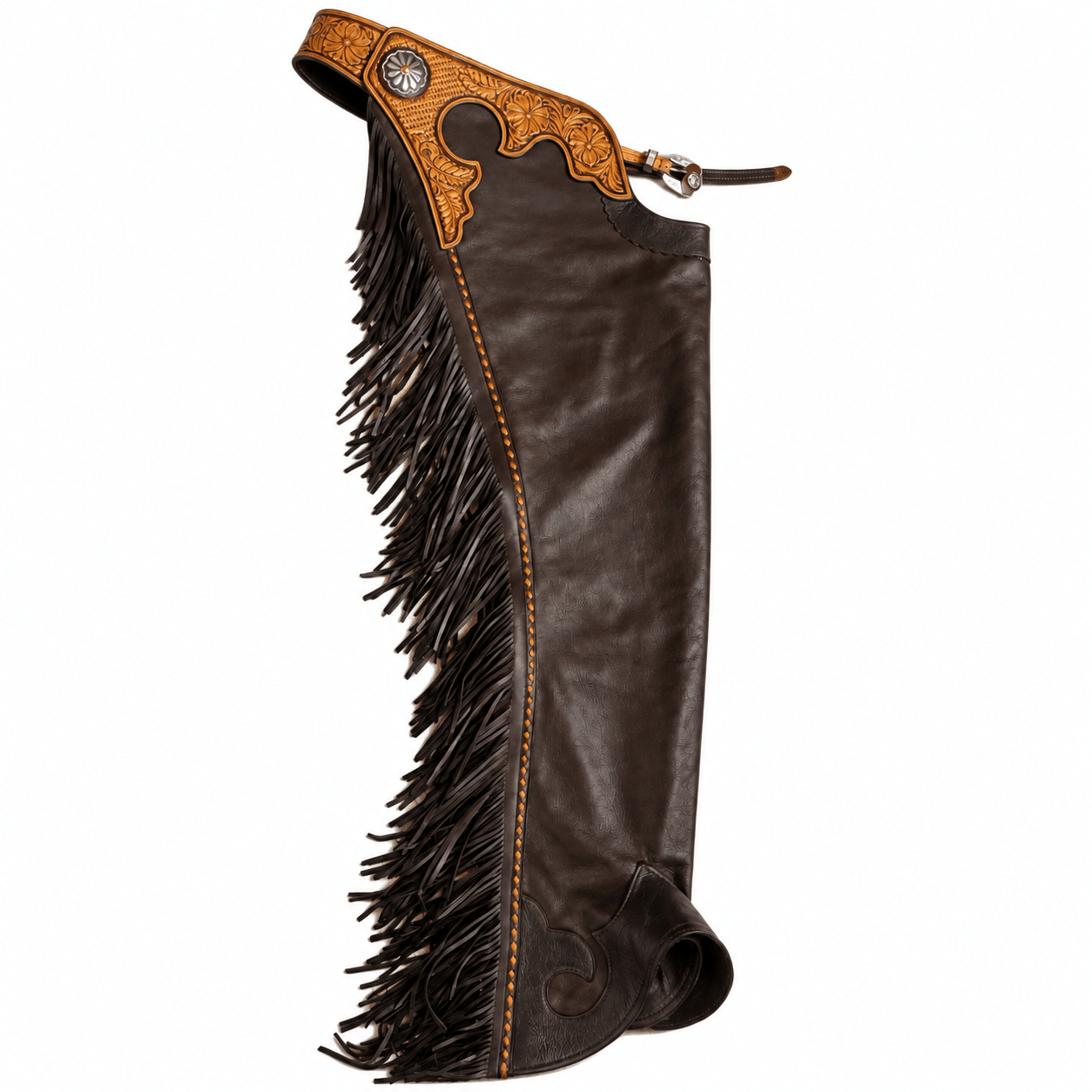 Western Leather Horse Riding Chaps with Fringe, Floral Tooled Rodeo & Barrel Racing Chaps