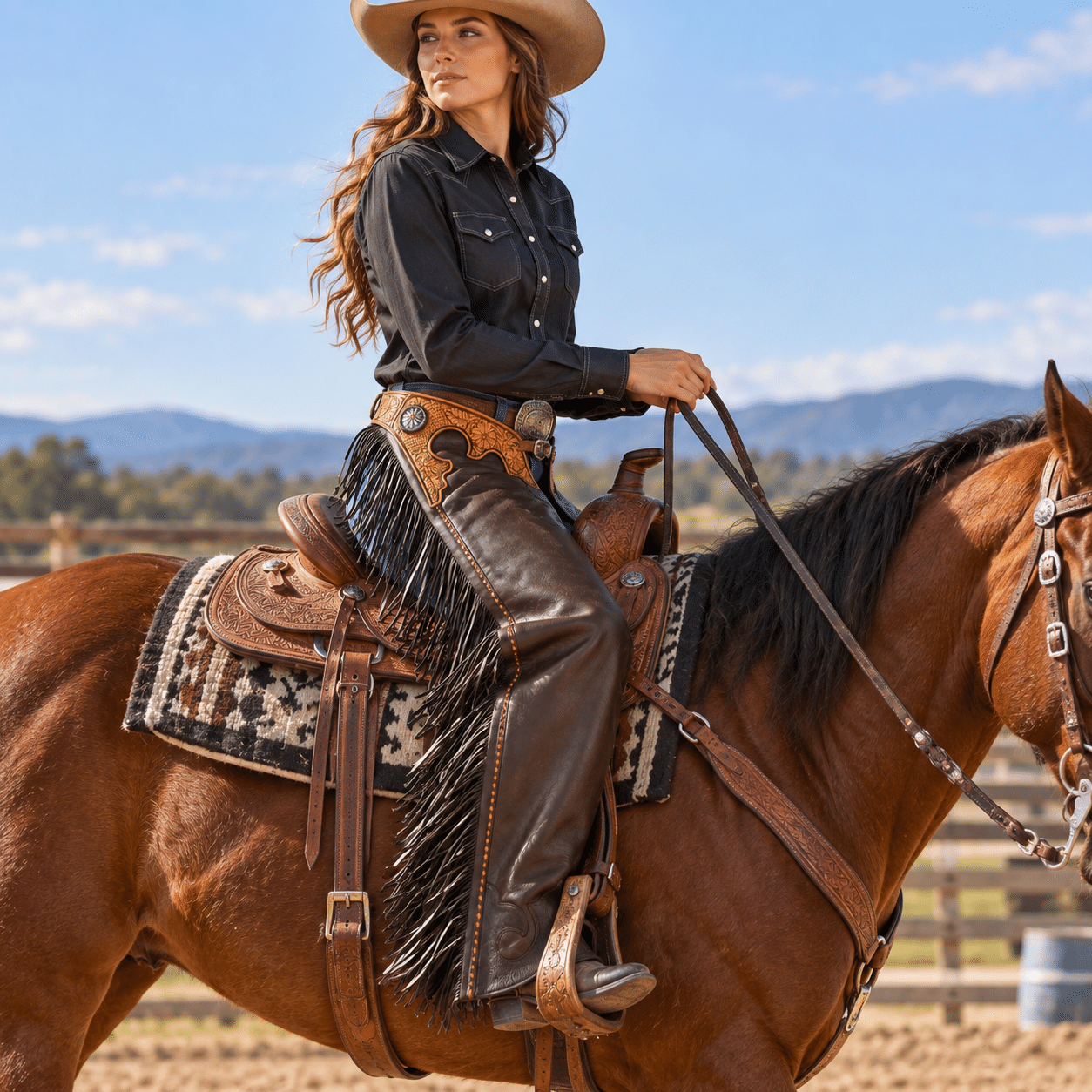 Western Leather Horse Riding Chaps with Fringe, Floral Tooled Rodeo & Barrel Racing Chaps - Image 3