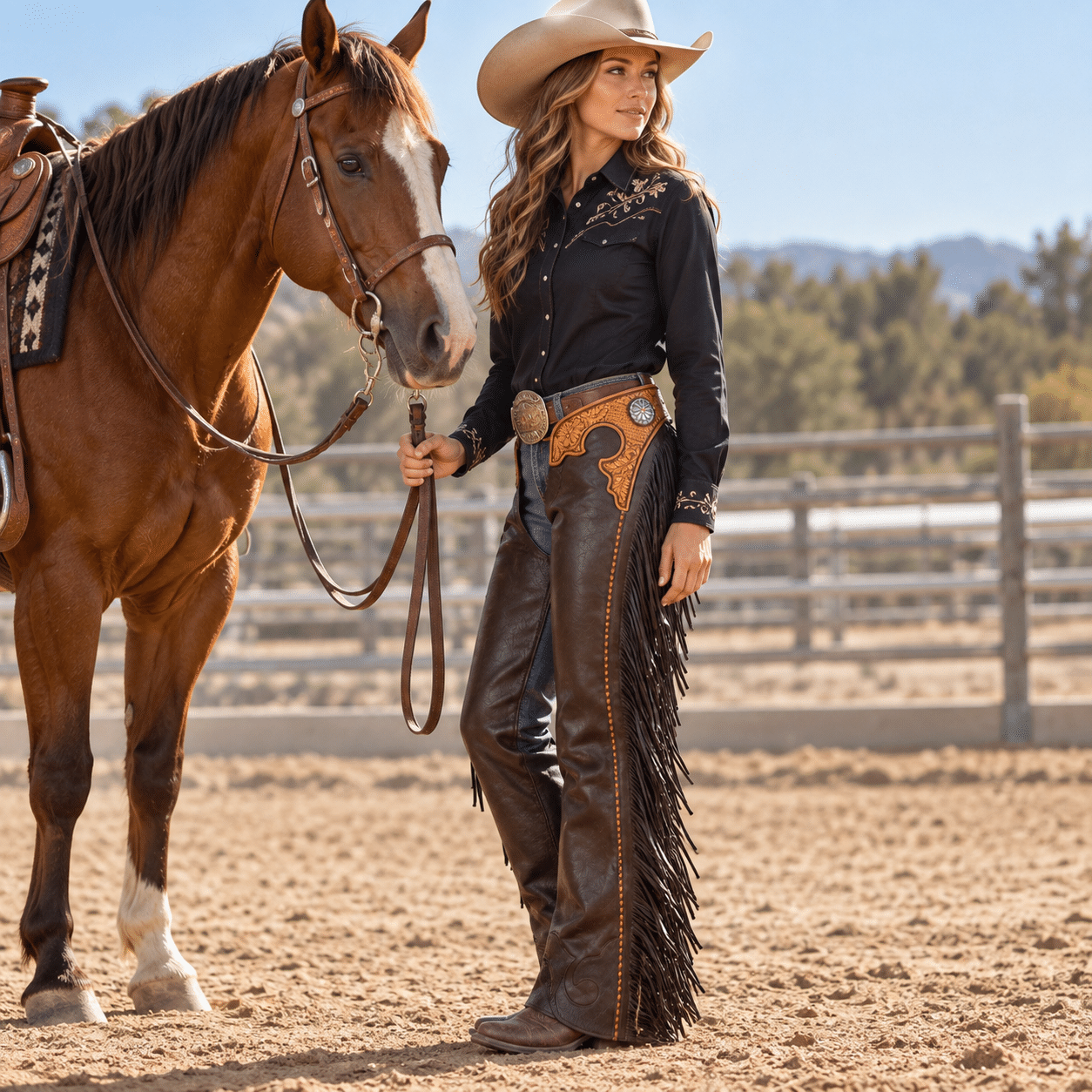 Western Leather Horse Riding Chaps with Fringe, Floral Tooled Rodeo & Barrel Racing Chaps - Image 4