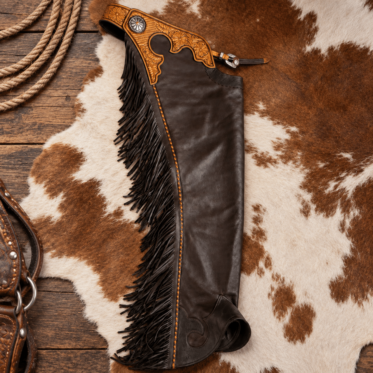 Western Leather Horse Riding Chaps with Fringe, Floral Tooled Rodeo & Barrel Racing Chaps - Image 5
