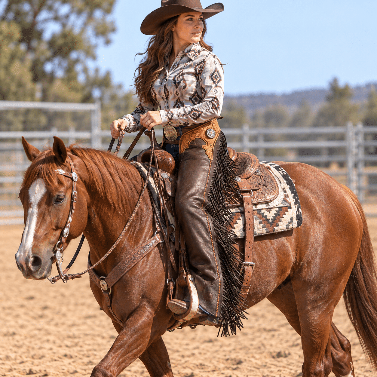 Western Leather Horse Riding Chaps with Fringe, Floral Tooled Rodeo & Barrel Racing Chaps - Image 7
