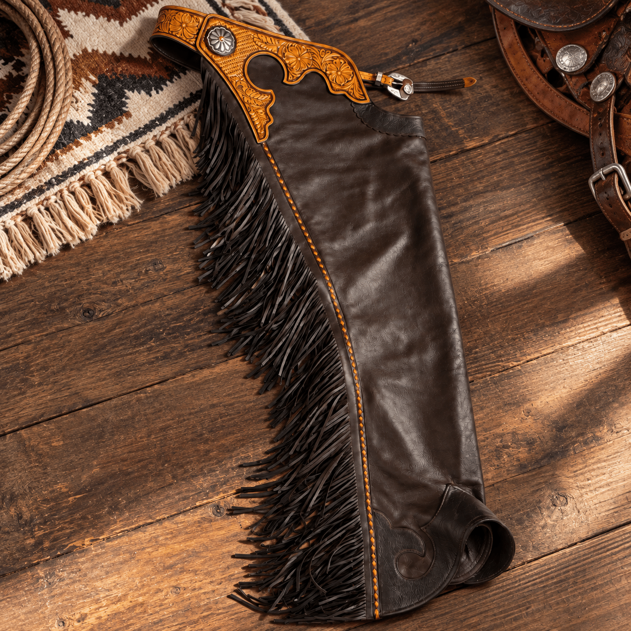 Western Leather Horse Riding Chaps with Fringe, Floral Tooled Rodeo & Barrel Racing Chaps - Image 6